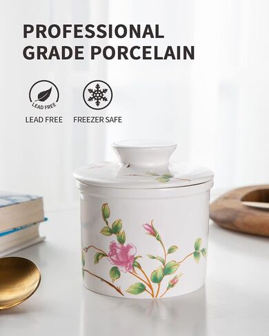 XELA Porcelain Butter Keeper Crock, French Butter Crock for Counter, Butter Keeper With Water Line for Fresh Spreadable Butter- Flower pattern in Saudi Arabia
