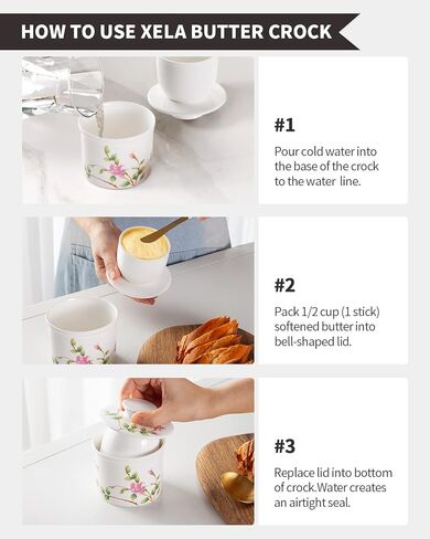 XELA Porcelain Butter Keeper Crock, French Butter Crock for Counter, Butter Keeper With Water Line for Fresh Spreadable Butter- Flower pattern in Saudi Arabia