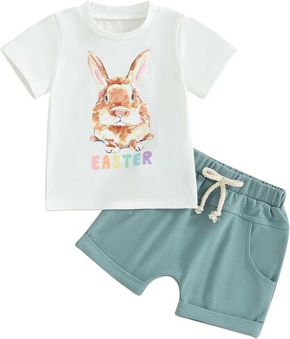 Baby Boy Easter Outfits Summer Toddler Bunny Tops and Shorts Infant Boy Easter Clothes Set 2Pcs in Saudi Arabia