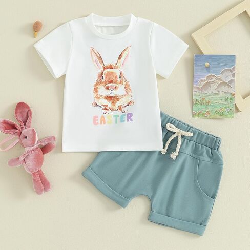 Baby Boy Easter Outfits Summer Toddler Bunny Tops and Shorts Infant Boy Easter Clothes Set 2Pcs in Saudi Arabia