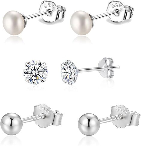925 Sterling Silver Earrings Set 3PCS 3-5mm Tiny Ball CZ Pearl Stud Earrings Cartilage Studs for Women in Saudi Arabia