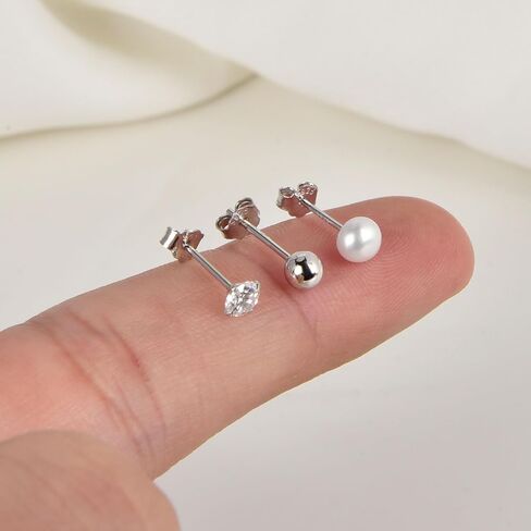 925 Sterling Silver Earrings Set 3PCS 3-5mm Tiny Ball CZ Pearl Stud Earrings Cartilage Studs for Women in Saudi Arabia