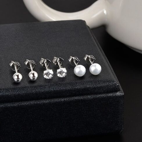 925 Sterling Silver Earrings Set 3PCS 3-5mm Tiny Ball CZ Pearl Stud Earrings Cartilage Studs for Women in Saudi Arabia