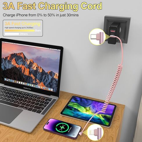 كابل USB C إلى Lightning ملفوف 90 درجة، قطعتان، كابل شاحن USB C Apple Car Play [معتمد من Mfi ومزامنة البيانات]، كابل Lightning قصير قابل للسحب PD 20W USB C للسيارة لأجهزة iPhone/Pad/Pod in Kuwait