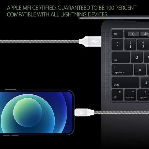 كابل شحن USB Lightning لأجهزة iPhone، كابل مضفر (مصنوع لهاتف iPhone) معتمد من Apple MFI (فضي بطول 10 أقدام) in Saudi Arabia