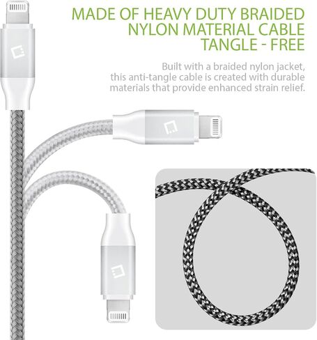 كابل شحن USB Lightning لأجهزة iPhone، كابل مضفر (مصنوع لهاتف iPhone) معتمد من Apple MFI (فضي بطول 10 أقدام) in Saudi Arabia
