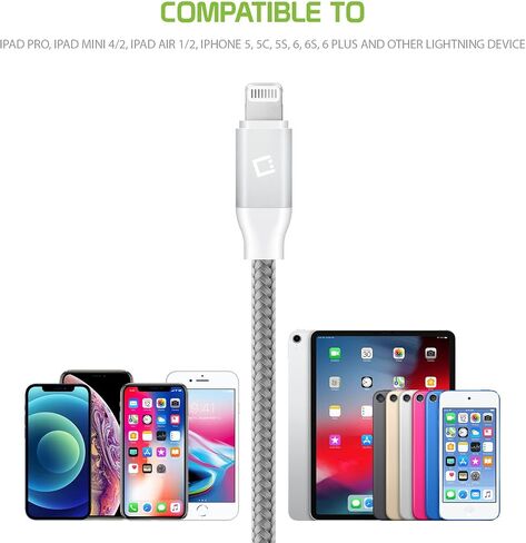 كابل شحن USB Lightning لأجهزة iPhone، كابل مضفر (مصنوع لهاتف iPhone) معتمد من Apple MFI (فضي بطول 10 أقدام) in Saudi Arabia