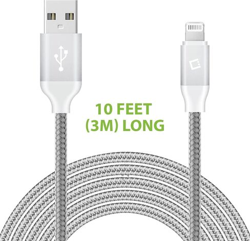 كابل شحن USB Lightning لأجهزة iPhone، كابل مضفر (مصنوع لهاتف iPhone) معتمد من Apple MFI (فضي بطول 10 أقدام) in Saudi Arabia