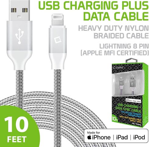 كابل شحن USB Lightning لأجهزة iPhone، كابل مضفر (مصنوع لهاتف iPhone) معتمد من Apple MFI (فضي بطول 10 أقدام) in Saudi Arabia