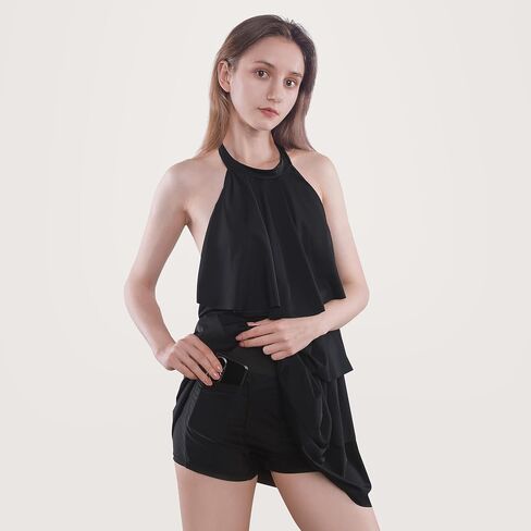 Ruffle Swim Romper with Built in Bra and Pockets, High Waisted Halter Front Tie Knot Swimdress Bathing Suit Black in Saudi Arabia