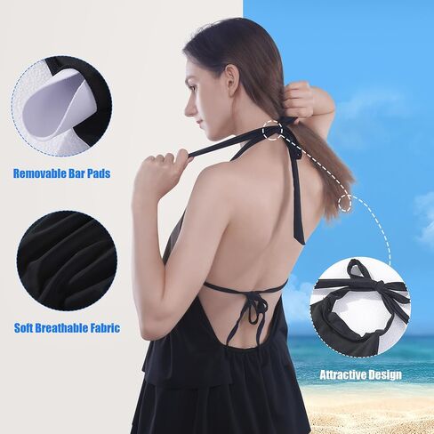 Ruffle Swim Romper with Built in Bra and Pockets, High Waisted Halter Front Tie Knot Swimdress Bathing Suit Black in Saudi Arabia