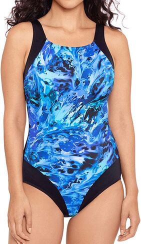 Reebok Women's Swimwear Laser Tag High Leg High Neck Soft Cup One Piece Swimsuit in Saudi Arabia