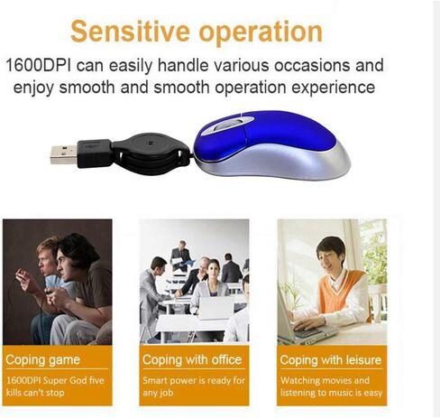 Mini USB Wired Mouse,Retractable Cable Tiny Small Mouse for 3-8 Years Kids Children,1600 DPI Optical Compact Travel Mice with 2.3-Foot USB Cord for Kid Laptop Computer (Blue) in Saudi Arabia