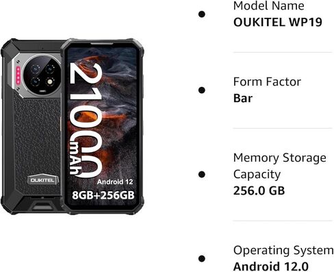 هاتف ذكي متين OUKITEL WP19 غير مقفل، بطارية 21000 مللي أمبير في الساعة، 8 جيجابايت 256 جيجابايت، أندرويد 12، كاميرا 64 ميجابكسل، رؤية ليلية 20 ميجابكسل، 6.78 بوصة FHD + هاتف متين، هاتف محمول مقاوم للماء غير مقفل 4G ثنائي الشريحة OTG NFC in Kuwait
