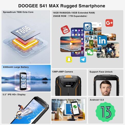 DOOGEE S41 MAX هاتف ذكي متين 2024، 16 جيجابايت + 256 جيجابايت/SD 1 تيرابايت أندرويد 13 هاتف متين غير مغلق، هاتف خلوي متين 6300 مللي أمبير، 5.5 بوصة HD+، 4G ثنائي الشريحة، IP69K هاتف محمول مقاوم للماء، NFC/WiFi/OTG - برتقالي in Saudi Arabia