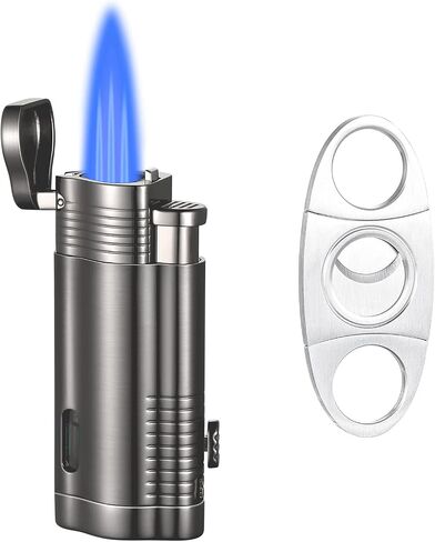Cigar Torch Lighter, Triple Jet Flame Adjustable Windproof Butane Refillable Lighter with Fuel Visible Window Cigar Cutter Hole Punch, Pocket Lighters Gift Accessory- Butane Not Included(BFC061) in Saudi Arabia