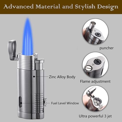 Cigar Torch Lighter, Triple Jet Flame Adjustable Windproof Butane Refillable Lighter with Fuel Visible Window Cigar Cutter Hole Punch, Pocket Lighters Gift Accessory- Butane Not Included(BFC061) in Saudi Arabia