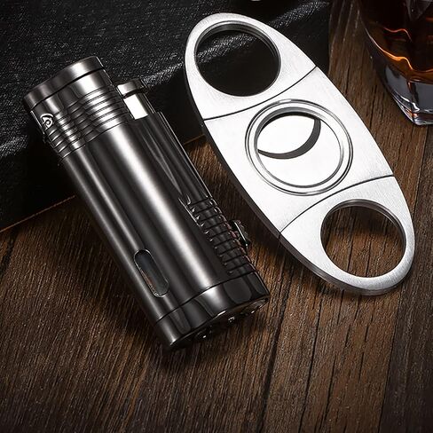 Cigar Torch Lighter, Triple Jet Flame Adjustable Windproof Butane Refillable Lighter with Fuel Visible Window Cigar Cutter Hole Punch, Pocket Lighters Gift Accessory- Butane Not Included(BFC061) in Saudi Arabia