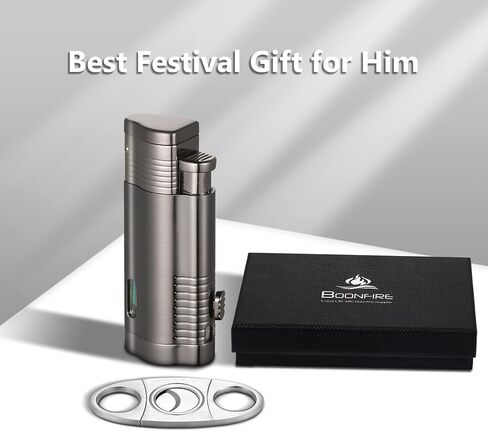 Cigar Torch Lighter, Triple Jet Flame Adjustable Windproof Butane Refillable Lighter with Fuel Visible Window Cigar Cutter Hole Punch, Pocket Lighters Gift Accessory- Butane Not Included(BFC061) in Saudi Arabia