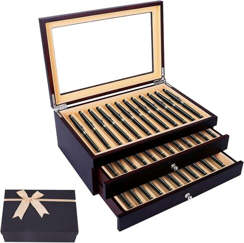 34 Piece Wood Pen Display Box Pen Storage Organizer Box Fountain Pen Collector Case 3 Layers (Red) in Saudi Arabia