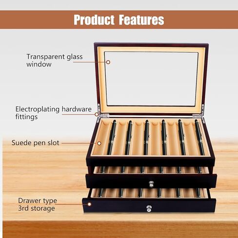 34 Piece Wood Pen Display Box Pen Storage Organizer Box Fountain Pen Collector Case 3 Layers (Red) in Saudi Arabia