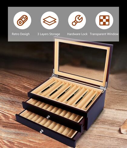 34 Piece Wood Pen Display Box Pen Storage Organizer Box Fountain Pen Collector Case 3 Layers (Red) in Saudi Arabia