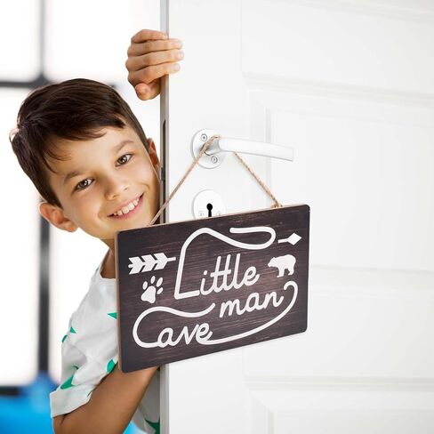 Little Man Cave Sign, Wooden Door Sign for Little Boy Nursery Room Wall Art, Wood Baby Toddler Kids Bedroom Living Room Hanging Rustic Wood Sign Decor, Toddler Boy Room Decor -Bear in Kuwait