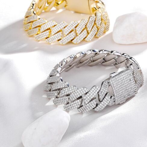 TOPGRILLZ Cuban Link Bracelet for Men Gold Diamond Cuban Link Bracelet for Women 3Row 20mm Miami Gold Jewelry 14K Gold Plated Iced out Straight Edge Rapper Costume in Saudi Arabia