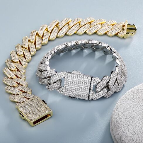 TOPGRILLZ Cuban Link Bracelet for Men Gold Diamond Cuban Link Bracelet for Women 3Row 20mm Miami Gold Jewelry 14K Gold Plated Iced out Straight Edge Rapper Costume in Saudi Arabia