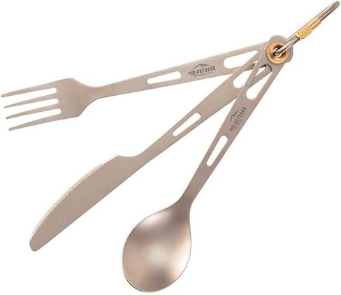 Monoprice Titanium 3-Piece Cutlery Set, Lightweight, Durable, Carabiner Included, Great for Camping, Hiking, and Traveling - Pure Outdoor Collection in Saudi Arabia