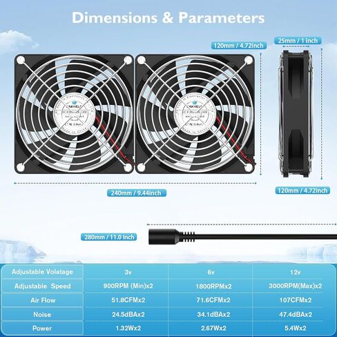 إصدار مراوح 2 × 120 مم، مروحة تعمل بتيار مستمر 12 فولت مع وحدة تحكم في السرعة تيار متردد 110 فولت 120 فولت 220 فولت 240 فولت، سرعة عالية 240 × 120 × 25 مم وتدفق هواء، للتبريد بنفسك، هيكل الخزانة، محطة عمل الخادم، تهوية الغطاء النباتي in Kuwait