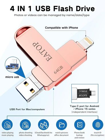 Flash Drives 64GB Intended for iPhone 15, Memory Stick Storage for Photos and Videos, USB External Memory Storage Flash Drive Compatible with iPhone iPad Android and Computers (Rose Gold) in Saudi Arabia