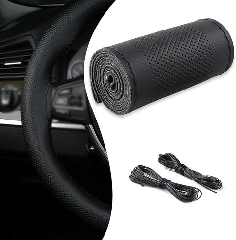 Pack-1 Car Steering Wheel Decorative Protector, Breathable Waterproof Leather Vehicle Steering Wheel Accessories, Universal 14.9In Anti-Slip DIY Automotive Steering Wheel Cover (Black) in Saudi Arabia