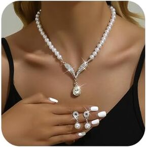 Pearl Bride Wedding Jewelry Set Pearl Bridal Necklace Bracelet Earrings Sets Rhinestone Choker Necklace Prom Costume Jewelry Set for Brides Bridesmaid