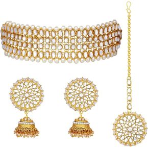 Aheli Wedding Wear Kundan Beaded Choker Necklace Earrings with Maang Tikka Indian Jewelry for Women Girls (White)