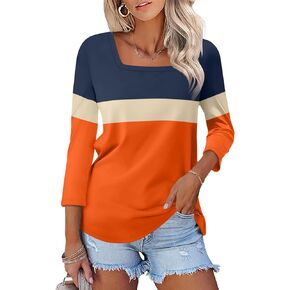 Women's 3/4 Sleeve Shirts Square Neck Color Block Summer Tops Dressy Casual Ladies Blouses Tops