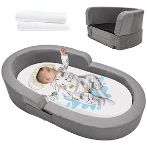 DoCred Foldable Toddler Travel Bed, 2-in-1 Toddler Floor Bed Sofa Chair, Portable Toddler Folding Floor Cot for Travel, Washable Sleeper Cot + Washable Fitted Sheet, Grey