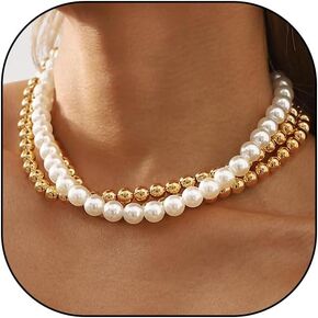 Gold Beaded Choker Necklace Set for Women,Stacking Round Pearl Collar Necklace,Trendy Simple Silver Layered Chunky Bead Ball Chain Necklace for Prom
