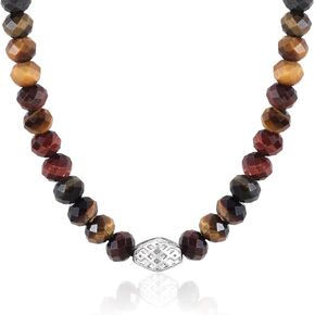 Mens Beaded Drawstring Necklace Multicolor Tiger Eye Tremolite with Sterling Silver Charm, 14 in