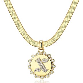 Herringbone Initial Disc Pendant Necklace 18'' | 5mm Thick Herringbone Choker Sparkle Coin Medallion Diamond Initial Letter Necklace