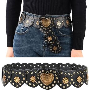 Hollow Disc Belt Western Style Exaggerated Cowboy Wide Disc Belt Metal Buckle Vintage Soft Belt for Women