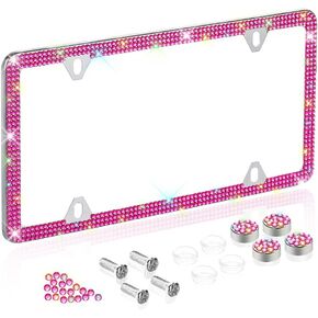 SAVORI Bling License Plate Frames Stainless Steel 4 Holes 3 Row Slim Design with Car Licence Plate Covers Cute Women Girls Auto Accessories for US Vehicles (1 Pack, Pink)
