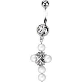 Pierced Owl 14GA 316L Stainless Steel CZ Crystal and Synthetic Pearl Cross Dangling Belly Button Ring