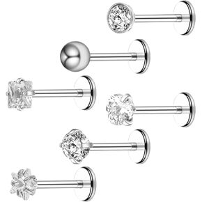 6Pcs Stainless Steel Internally Threaded CZ Nose Studs Rhinestone Lip Rings Cartilage Earring Piercing Jewelry for Nose/Tragus/Conch/Helix/Cartilage/Lip for Women Men (8mm)