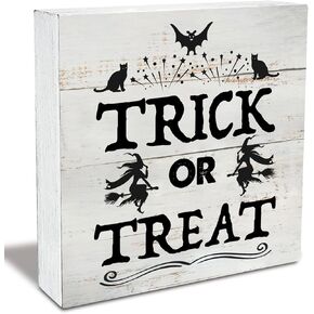 Rustic Trick or Treat Wood Box Sign Fall Witches Wooden Box Sign Halloween Sign Farmhouse Home Desk Shelf Decor (5 X 5 Inch) in Saudi Arabia