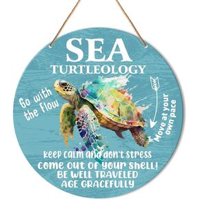 Muktoujaumai Sea Turtle Sign Wall Decor, Summer Beach Inspirational Hanging Sign Decor Motivational Ocean Wall Decorations Sign for Home, Bathroom, Living Room, Office, Sea Turtleology Sign