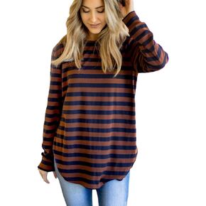 Tickled Teal Women's Long Sleeve Casual Loose Sweater Outerwear (3X, Brown/Navy Stripe)