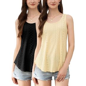 Velius Women's 2 Pieces Crew Neck Sleeveless Casual Hollow Out Loose T-Shirt Tunic Tank Tops