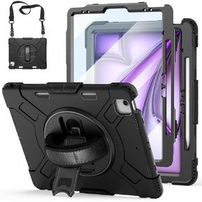 Miesherk Stock Case for iPad Air 13'' 2024: Military Grade Shockproof Rugged Case for iPad Air 13''（M2） W/Screen Protector - Stand - Handle - Shoulder Strap - Pen Holder，Black
