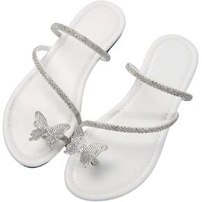 OYOANGLE Women's Glitter Rhinestone Thong Sandals Butterfly Decor Strappy Slides Lightweight Flat Sandals